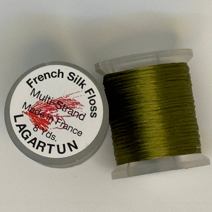 Spool of olive colored thread from two angles side by side