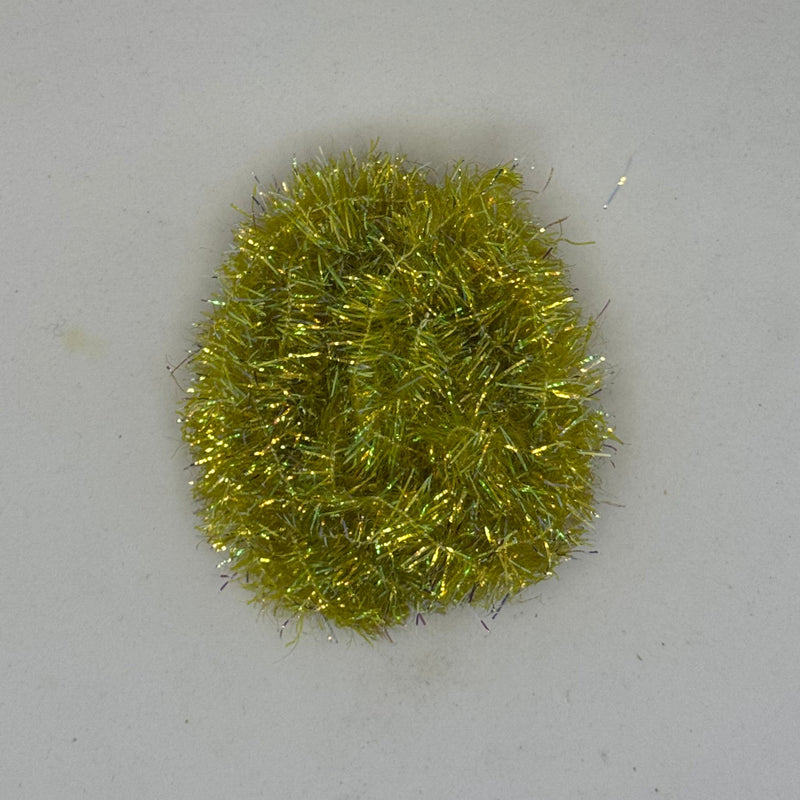 Rumpf ESTAZ tinsel trim swatch in opalescent olive green, round patch