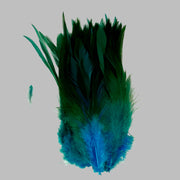 Strung rooster saddle feathers, dark green top with teal tips