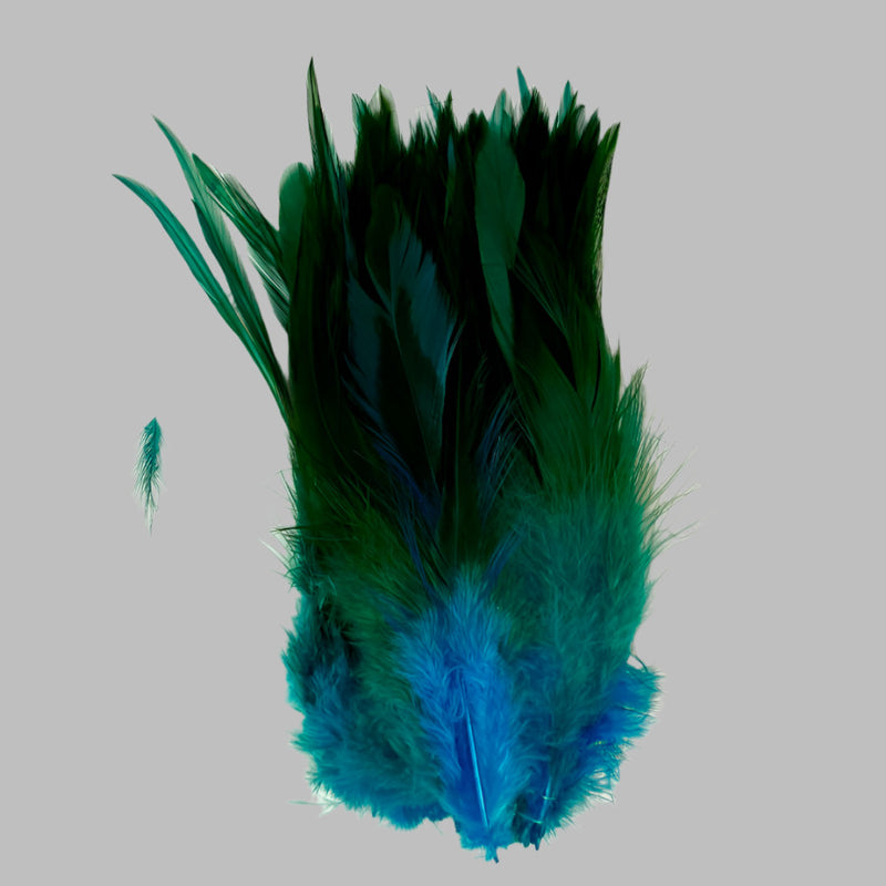 Strung rooster saddle feathers, dark green top with teal tips