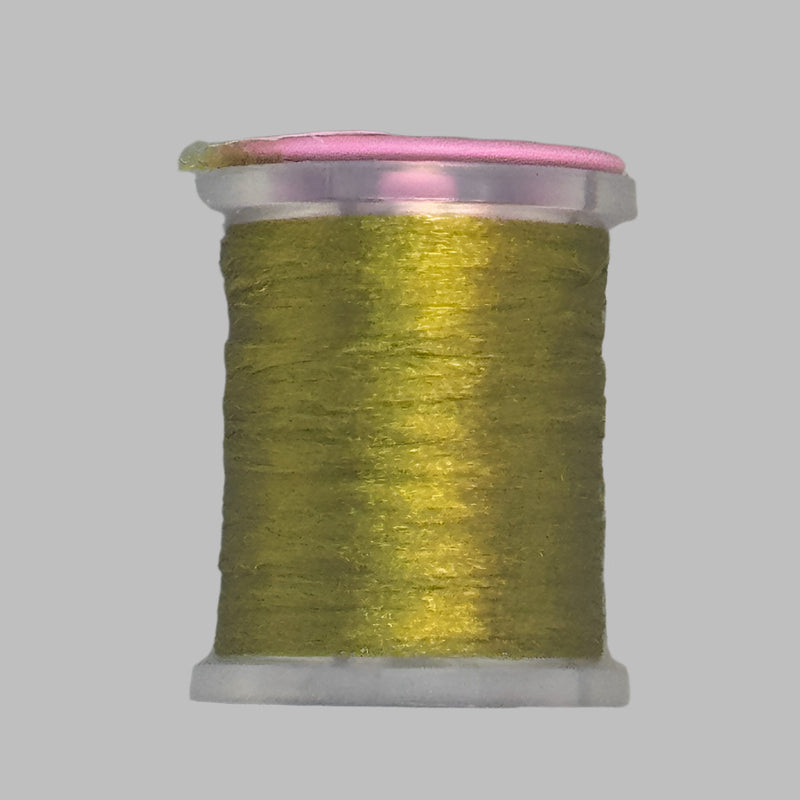 Olive green Antron yarn spool with clear plastic rim and end caps