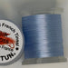Spool of pale blue thread from two angles side by side