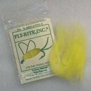 Pale watery yellow dubbing material fibers in a clear bag with label