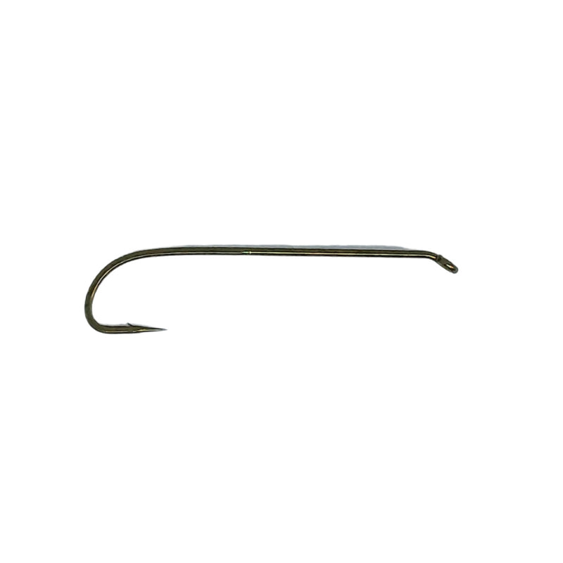 Fishing streamer hook with dark wire, long curved shank and barbed point