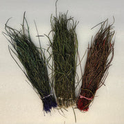Peacock herl feather bundles, dark green and brown with blue and red ties