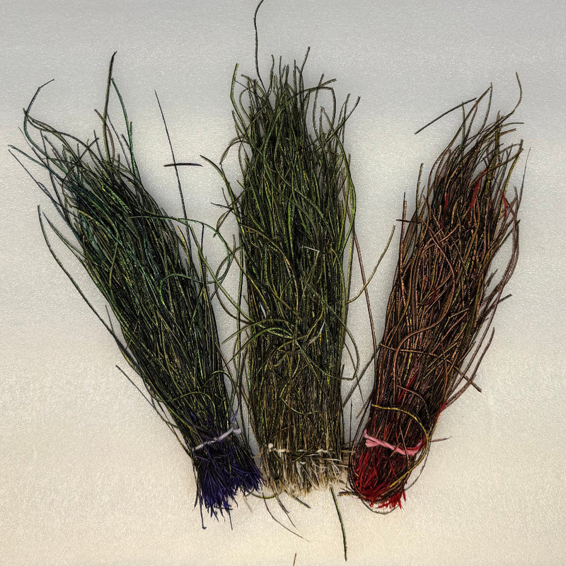 Peacock herl feather bundles, dark green and brown with blue and red ties