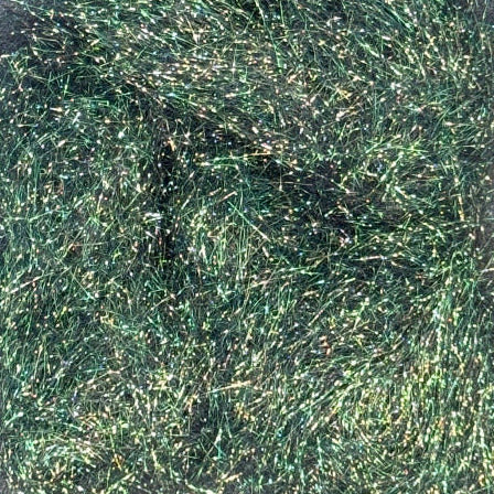 Green holographic synthetic dubbing fibers with metallic shimmer strands