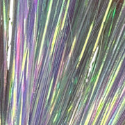 Iridescent tinsel marabou strands in purple, green, and silver, long soft fibers