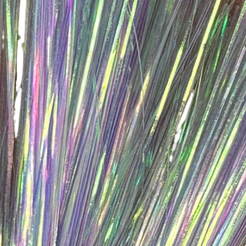 Iridescent tinsel marabou strands in purple, green, and silver, long soft fibers