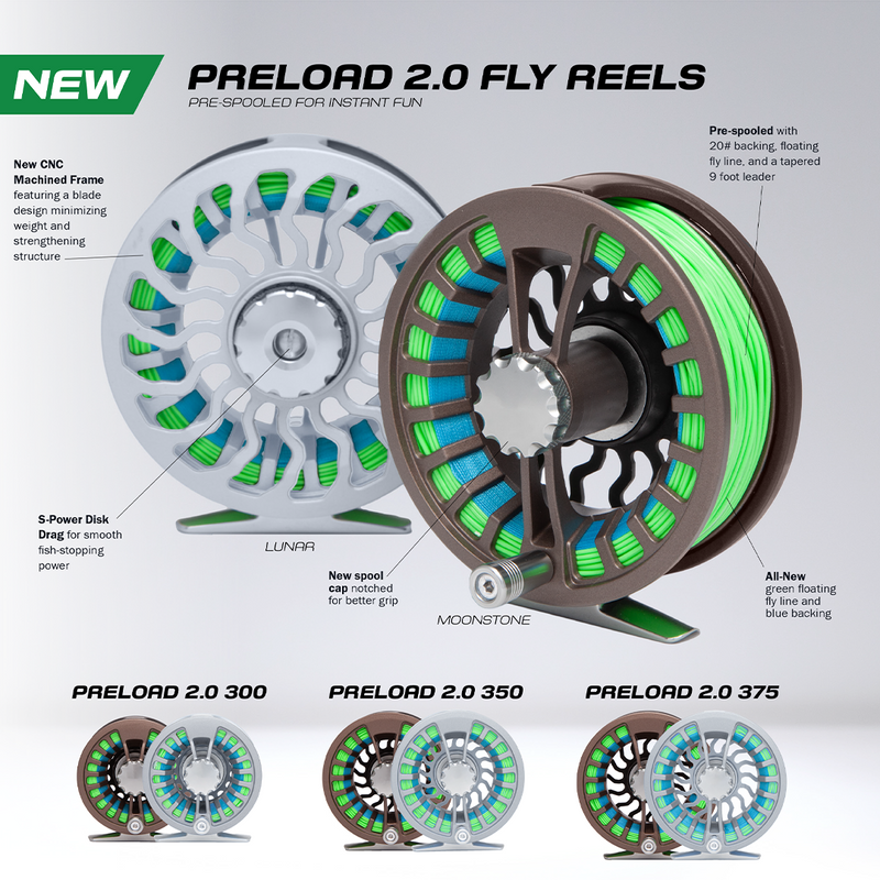Fly reel product lineup card showing three reels with green/blue accents
