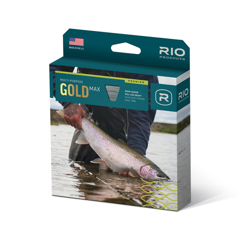RIO Premier Gold Max fishing line box, green and teal with handle icon