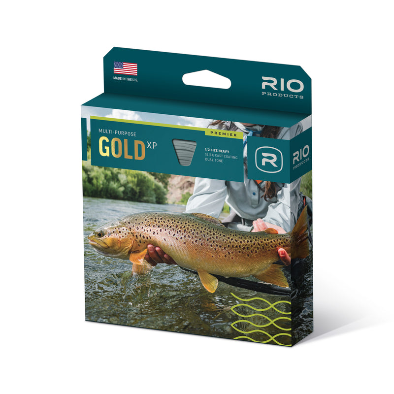 Multi-purpose fishing line box with Rio Gold XP branding and blister pack