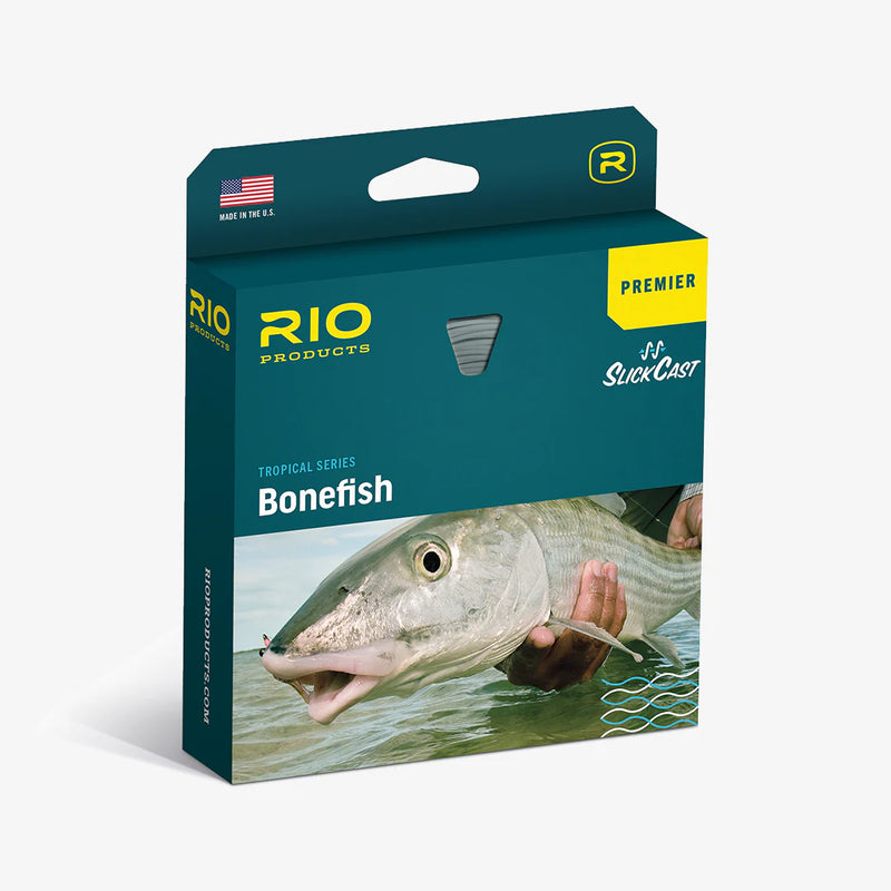 Bonefish fly fishing line box with teal packaging and yellow Premier label