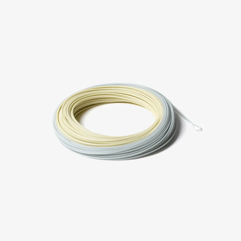 Sand and blue fly fishing line spool with pale white and gray coils