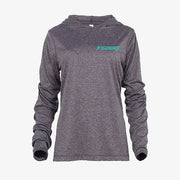 Women's sun hoodie in dark gray, pullover hood with small chest logo, long sleeves.