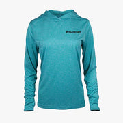 Women's sun hoodie in turquoise, pullover hood with small chest logo, long sleeves.