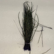 Peacock herl feather bundle, dark green fibers with dark blue tied base