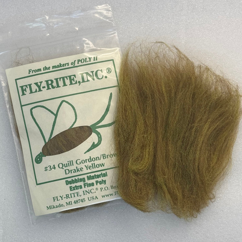 Quill gordon/brown drake yellow dubbing material fibers in a clear bag with label