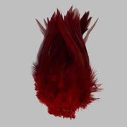 Strung rooster saddle feathers, deep red with layered quills and feathery tips.