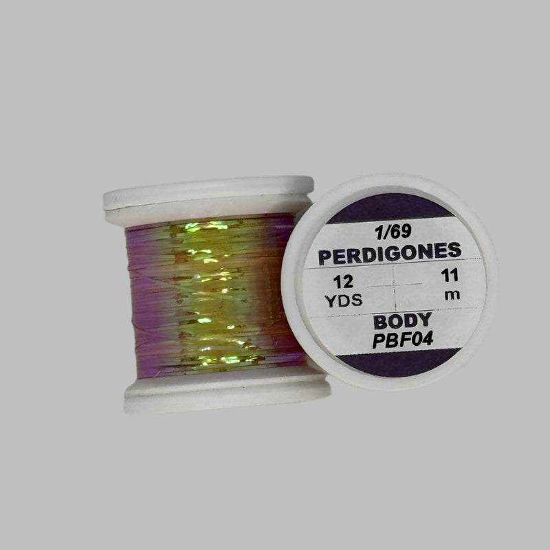 Pearl beading thread spool, green-gold metallic, label PBF04