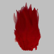 Strung rooster saddle feathers, red with frilly barbs and short quills.