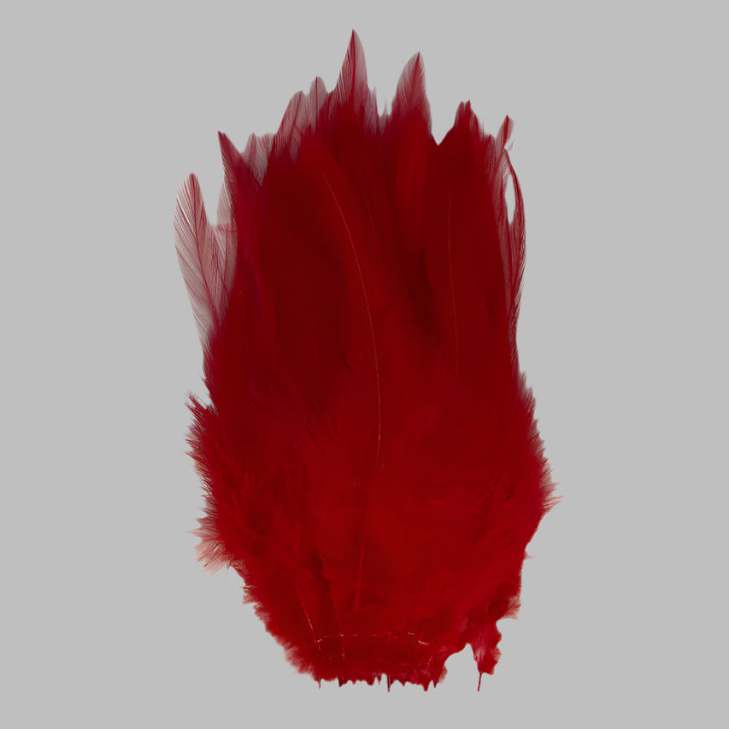 Strung rooster saddle feathers, red with frilly barbs and short quills.