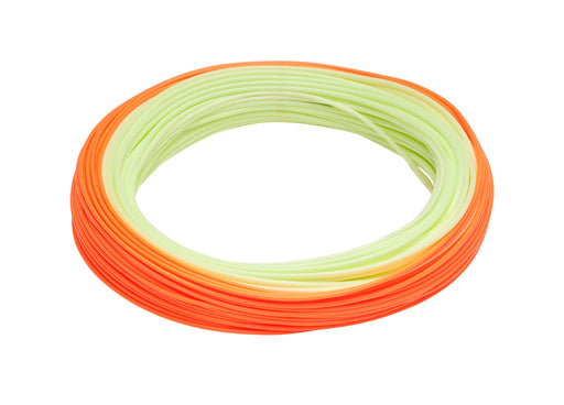 Orange and pale yellow coil of fishing line with white background