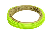 Coiled fishing line spool in neon green and tan loops