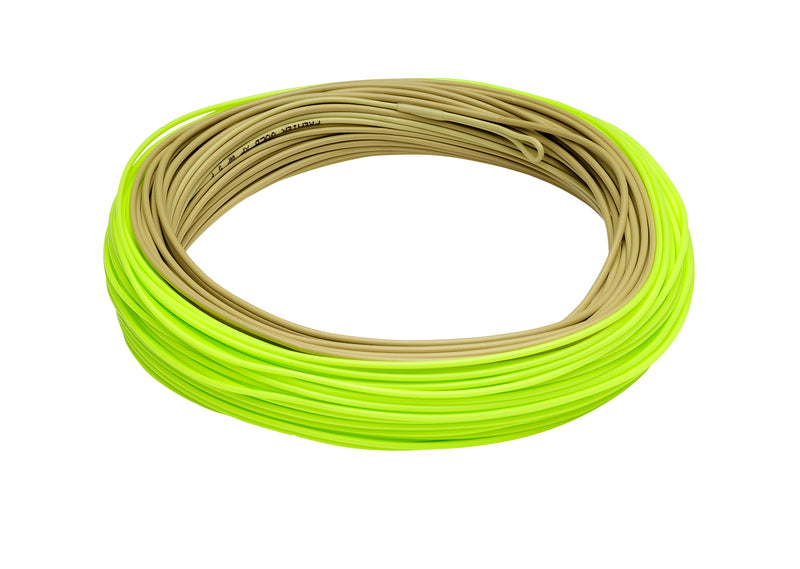 Coiled fishing line spool in neon green and tan loops