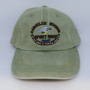 Khaki-green logo trucker hat with embroidered front patch and vented mesh side panels