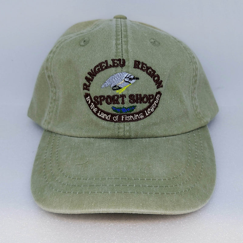Khaki-green logo trucker hat with embroidered front patch and vented mesh side panels