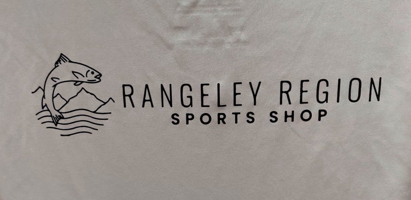 Light gray long sleeve shirt logo close-up with Rangeley Region Sports Shop text