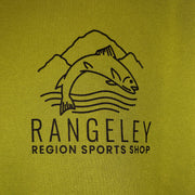 Lime long sleeve shirt fabric close-up with Rangeley region sports shop logo