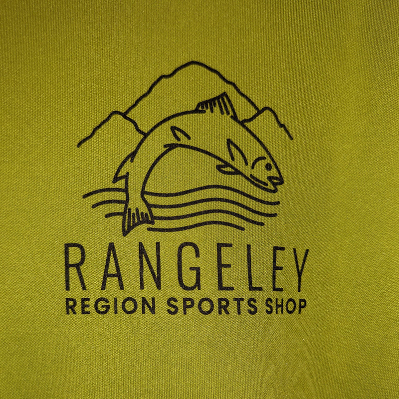 Lime long sleeve shirt fabric close-up with Rangeley region sports shop logo