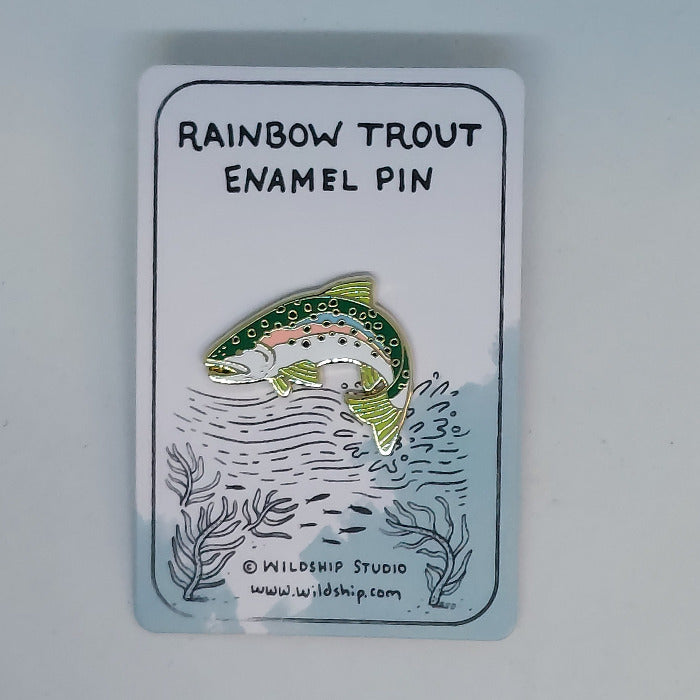 Rainbow trout enamel pin with colorful fish design on a backing card.