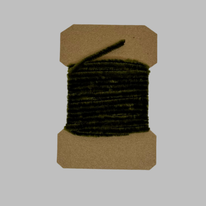 Danville rayon chenille large spool, dark olive green yarn wrapped on cardboard core