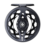 Black fly reel with spoked frame, red accents, 'ACE' marking on rim