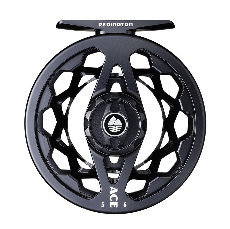 Black fly reel with spoked frame, red accents, 'ACE' marking on rim