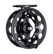 Black fly reel with 'ACE' label on top bar and scalloped spoked backing