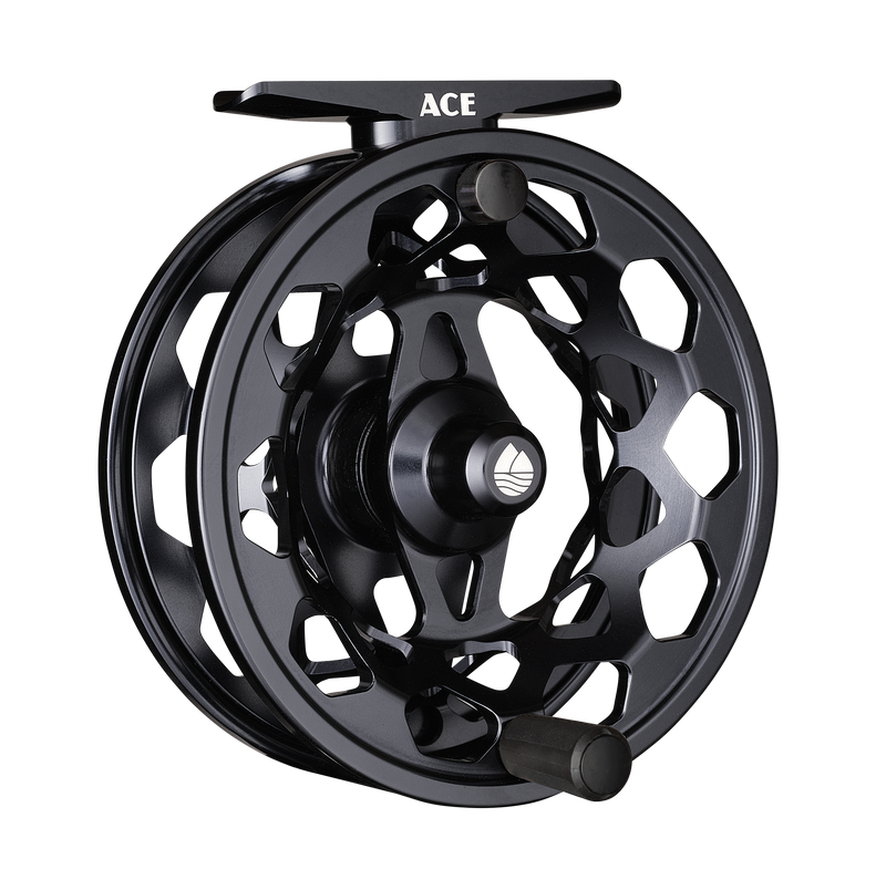 Black fly reel with 'ACE' label on top bar and scalloped spoked backing