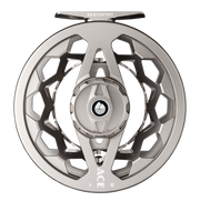 Silver fly reel with spoked design and 'ACE' text along lower rim