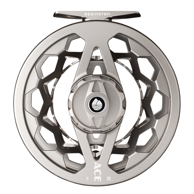 Silver fly reel with spoked design and 'ACE' text along lower rim