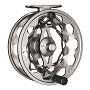 Silver fly reel with black accents, 'ACE' on top bar, black handle knob