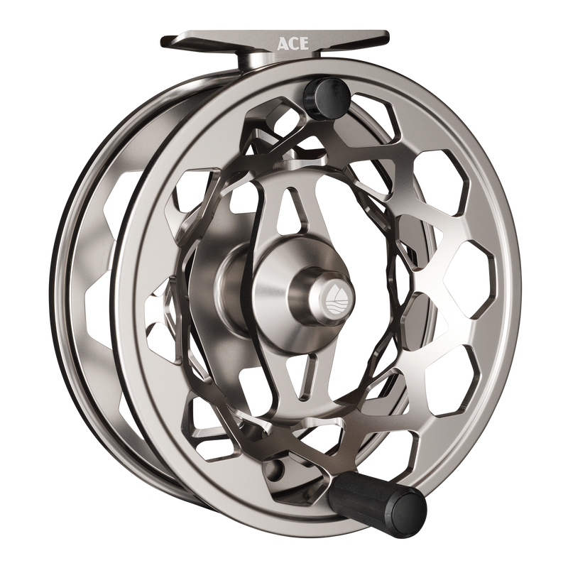 Silver fly reel with black accents, 'ACE' on top bar, black handle knob