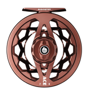 Copper-brown fly reel with spoked frame, 'ACE' text on lower rim
