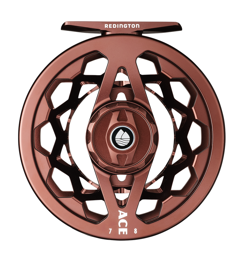 Copper-brown fly reel with spoked frame, 'ACE' text on lower rim