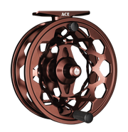 Copper-brown fly reel with 'ACE' top label, matte black handle and axle