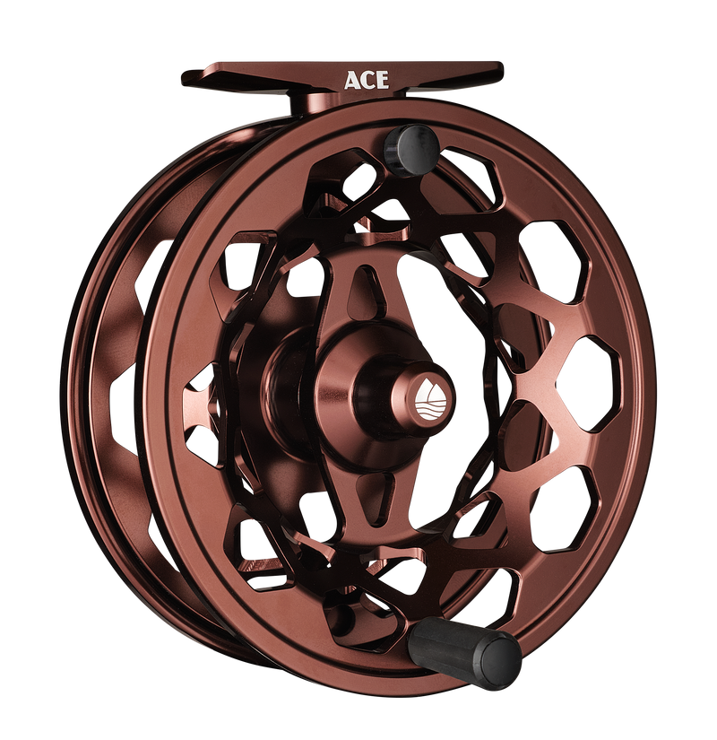 Copper-brown fly reel with 'ACE' top label, matte black handle and axle