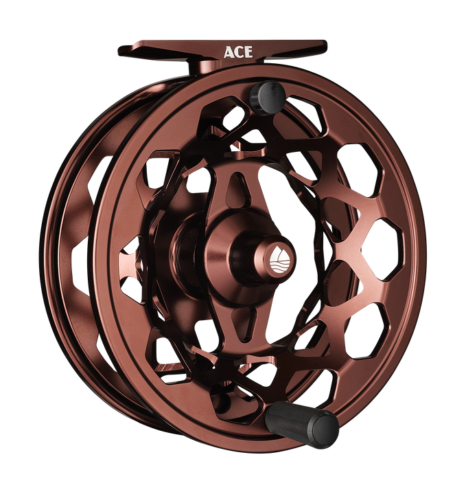 Angled tobacco colored reel with black and grey checkered background