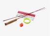 a practice Fishing rod with reel, line, and accessories on a white background